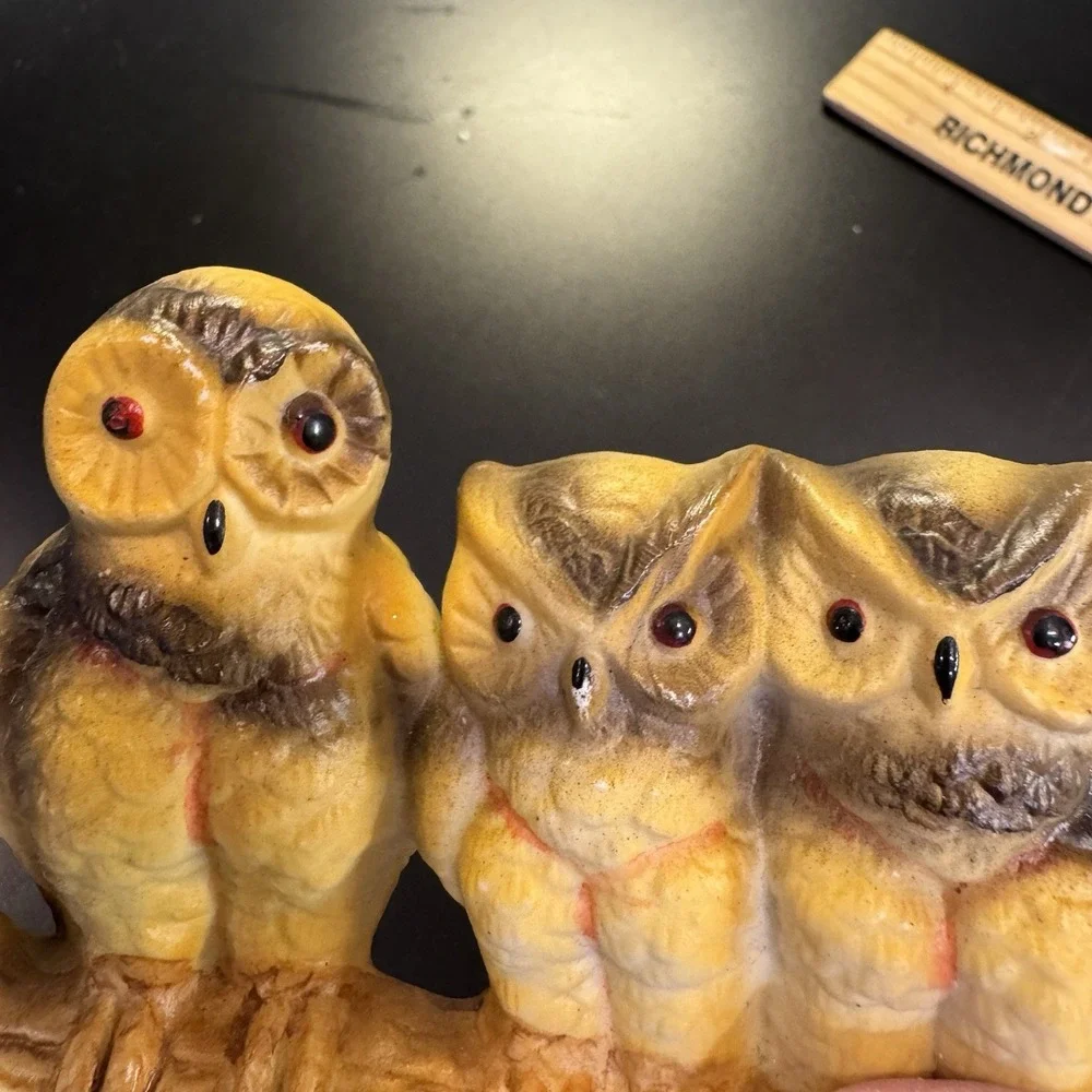 Vintage Ceramic Owl Trio‎ Mother Babies Perched on Branch Figurine Woodland